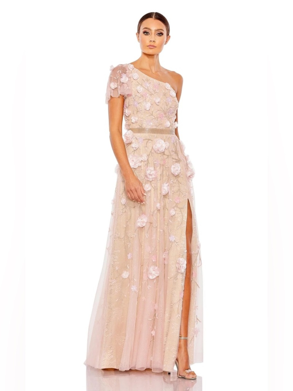 Mac Duggal Blush Pink One-Shoulder Floral Appliqué Gown